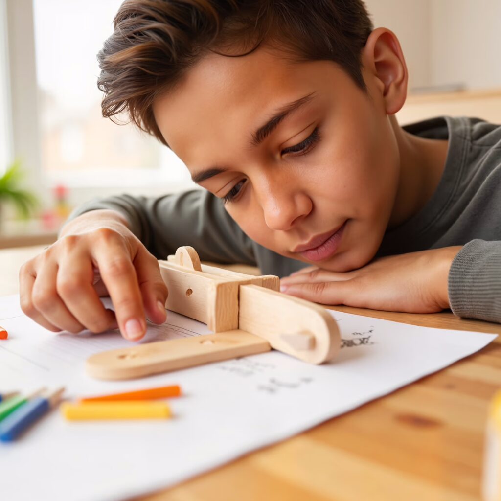 Boy building a wooden STEM project